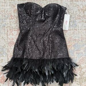 Let’s Fashion Black Sequin Strapless Bodycon Mini Dress with Feather Trim
